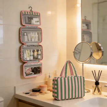 Green pink foldable hook toileting storage bag, waterproof multi compartment handheld skincare and makeup bag view 4