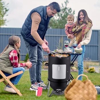 Vertical Steel Charcoal Smoker, Heavy Duty Three Layer Round BBQ Grill Smokey Mountain Cooker for Outdoor Cooking, Black(SAME AS 60608693) view 6