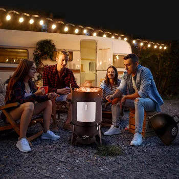 Vertical Steel Charcoal Smoker, Heavy Duty Three Layer Round BBQ Grill Smokey Mountain Cooker for Outdoor Cooking, Black(SAME AS 60608693) view 8