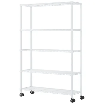 5-Layer Adjustable Shelf Iron Shelving Unit with 1.5" Nylon Wheels for Home Use 35.43*13.78*64.96in White view 2