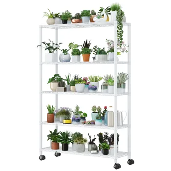 5-Layer Adjustable Shelf Iron Shelving Unit with 1.5" Nylon Wheels for Home Use 35.43*13.78*64.96in White view 3