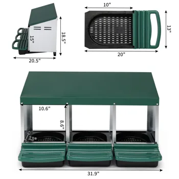 3 Compartment Roll Out Chicken Nesting Box with Plastic Basket, Egg Nest Box Chicken Laying Box Hens Chicken Coop Box, Green view 4