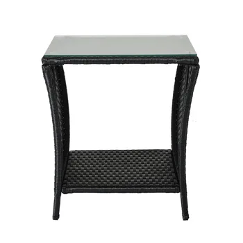 Outdoor Patio Wicker Side Table, Square End Table Bistro Coffee Table with Glass Top Storage Shelf for Porch Garden Backyard Black(SAME AS 70525212 ) view 6
