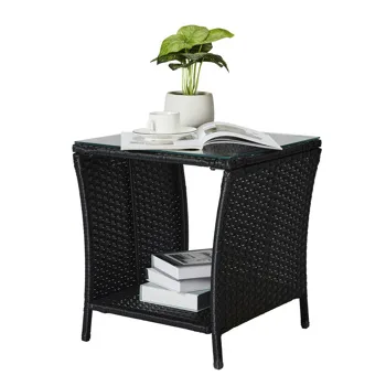 Outdoor Patio Wicker Side Table, Square End Table Bistro Coffee Table with Glass Top Storage Shelf for Porch Garden Backyard Black(SAME AS 70525212 ) view 8
