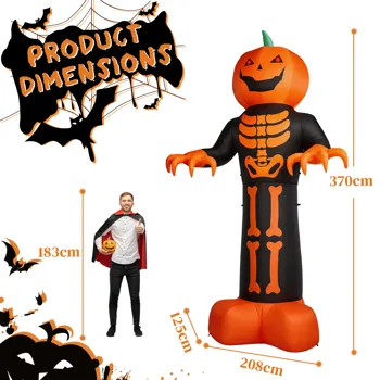 12ft Inflatable Halloween Decor with Skeleton Ribs, Pumpkin & Grim Reaper, 3 LED Lights + 115 Count String Lights, Black & Orange, 12V 2000mA US Power Adapter view 3