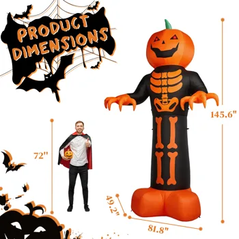 12ft Inflatable Halloween Decor with Skeleton Ribs, Pumpkin & Grim Reaper, 3 LED Lights + 115 Count String Lights, Black & Orange, 12V 2000mA US Power Adapter view 4