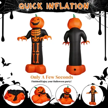 12ft Inflatable Halloween Decor with Skeleton Ribs, Pumpkin & Grim Reaper, 3 LED Lights + 115 Count String Lights, Black & Orange, 12V 2000mA US Power Adapter view 5