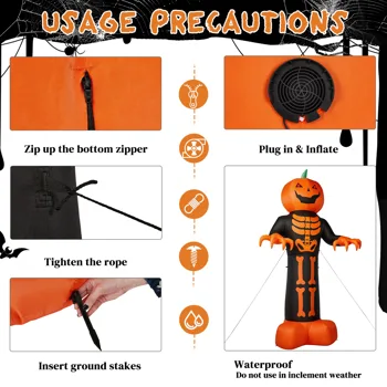 12ft Inflatable Halloween Decor with Skeleton Ribs, Pumpkin & Grim Reaper, 3 LED Lights + 115 Count String Lights, Black & Orange, 12V 2000mA US Power Adapter view 6
