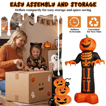 12ft Inflatable Halloween Decor with Skeleton Ribs, Pumpkin & Grim Reaper, 3 LED Lights + 115 Count String Lights, Black & Orange, 12V 2000mA US Power Adapter view 7