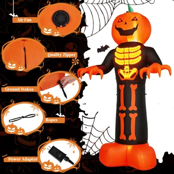 12ft Inflatable Halloween Decor with Skeleton Ribs, Pumpkin & Grim Reaper, 3 LED Lights + 115 Count String Lights, Black & Orange, 12V 2000mA US Power Adapter view 8