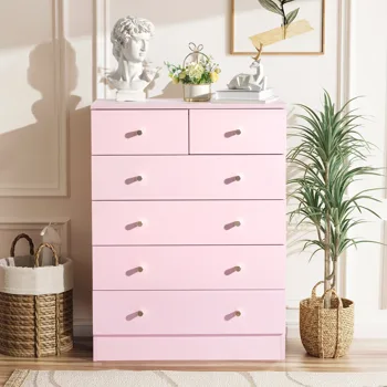 5-Tier 6-Drawer Cabinet with Matte Gold Handles Particleboard Melamine-Coated Storage Cabinet 25.98*12.99*35.04in Macaron Pink