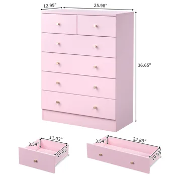 5-Tier 6-Drawer Cabinet with Matte Gold Handles Particleboard Melamine-Coated Storage Cabinet 25.98*12.99*35.04in Macaron Pink view 6