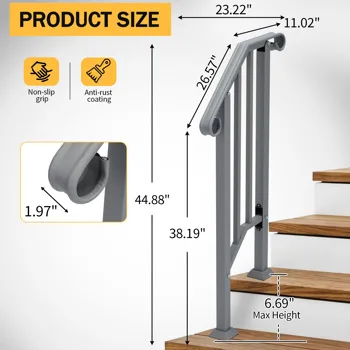 Handrails for Outdoor Steps, Iron Handrail Fits 1 Step, Transitional Handrail with Installation Kit, Silver view 7