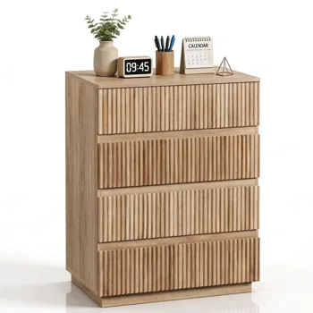 Handleless Grille-Finished 4-Drawer Bedside Table P2 Particleboard + MDF & Melamine Veneer + Thermoformed Drawer Dresser 23.62*14.96*30.71in Oak view 3