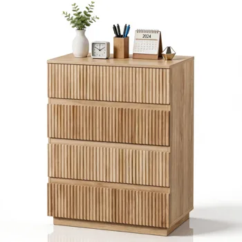 Handleless Grille-Finished 4-Drawer Bedside Table P2 Particleboard + MDF & Melamine Veneer + Thermoformed Drawer Dresser 23.62*14.96*30.71in Oak view 4