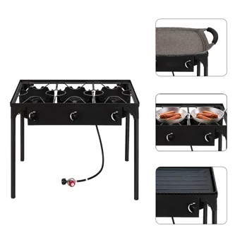 Outdoor Camp Stove High Pressure Propane Gas Cooker Portable Cast Iron Patio Cooking Burner (Three Burner 225000-BTU) view 7