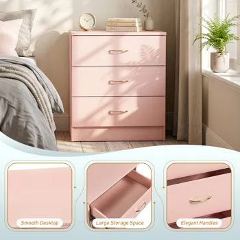 3-Drawer Chest with Faux Rose Gold Handles Drawer Dresser 22.05*12.99*25.98in Pink view 7