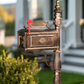 Decorative Large Mailbox with Post, Heavy Duty Cast Aluminum Postal Mail Box with Address Plaque, Antique Bronze view 8