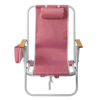 4-Position Adjustable Backpack Beach Chair, Foldable Rustproof Aluminum Frame Lounge Chair with Wooden Armrest, Side Storage Pockets & Detachable Pillow, 24"×22"×37" Outdoor Patio Camping Lawn Chair Holds up to 265 LBS, Red White Vertical Stripe view 2