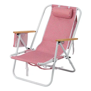 4-Position Adjustable Backpack Beach Chair, Foldable Rustproof Aluminum Frame Lounge Chair with Wooden Armrest, Side Storage Pockets & Detachable Pillow, 24"×22"×37" Outdoor Patio Camping Lawn Chair Holds up to 265 LBS, Red White Vertical Stripe view 4