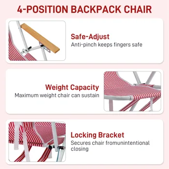 4-Position Adjustable Backpack Beach Chair, Foldable Rustproof Aluminum Frame Lounge Chair with Wooden Armrest, Side Storage Pockets & Detachable Pillow, 24"×22"×37" Outdoor Patio Camping Lawn Chair Holds up to 265 LBS, Red White Vertical Stripe view 5