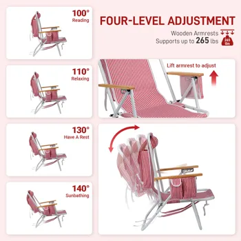 4-Position Adjustable Backpack Beach Chair, Foldable Rustproof Aluminum Frame Lounge Chair with Wooden Armrest, Side Storage Pockets & Detachable Pillow, 24"×22"×37" Outdoor Patio Camping Lawn Chair Holds up to 265 LBS, Red White Vertical Stripe view 6
