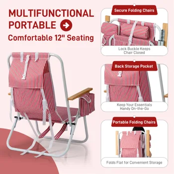 4-Position Adjustable Backpack Beach Chair, Foldable Rustproof Aluminum Frame Lounge Chair with Wooden Armrest, Side Storage Pockets & Detachable Pillow, 24"×22"×37" Outdoor Patio Camping Lawn Chair Holds up to 265 LBS, Red White Vertical Stripe view 7