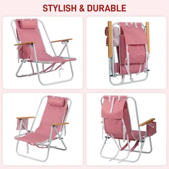 4-Position Adjustable Backpack Beach Chair, Foldable Rustproof Aluminum Frame Lounge Chair with Wooden Armrest, Side Storage Pockets & Detachable Pillow, 24"×22"×37" Outdoor Patio Camping Lawn Chair Holds up to 265 LBS, Red White Vertical Stripe view 8