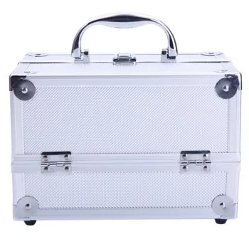 SM-2176 Aluminum Makeup Train Case Jewelry Box Cosmetic Organizer with Mirror 9"x6"x6" Silver view 5