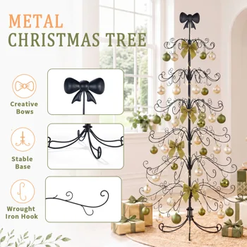 6ft Black PVC Metal Artificial Christmas Tree with Bow Topper, No Extra Ornaments, Daily Decor Tree view 8