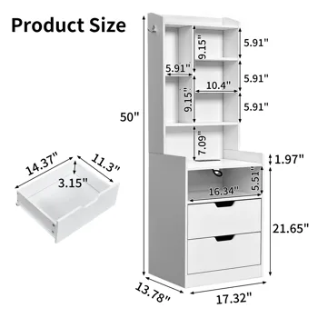 2 Drawers + 1 Shelf + 6-Shelf BedsideTable US Standard Power Supply (1 USB + 1 Type-C + 2 Triple-Prong) Storage Locker P2-12MM Particleboard Laminated Storage Cabinet 17.32*13.78*50in White view 5