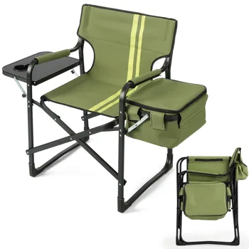 46.46" x 20.87" x 33.46" Folding Camping Chair with Side Table & Insulated Cooler Bag, Spray-Coated Aluminum Frame, Army Green with Double Light Yellow Vertical Stripes, 265 lbs Capacity Foldable Outdoor Chair for Camping Beach Fishing Picnic