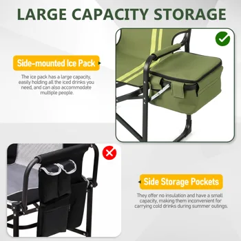 46.46" x 20.87" x 33.46" Folding Camping Chair with Side Table & Insulated Cooler Bag, Spray-Coated Aluminum Frame, Army Green with Double Light Yellow Vertical Stripes, 265 lbs Capacity Foldable Outdoor Chair for Camping Beach Fishing Picnic view 8