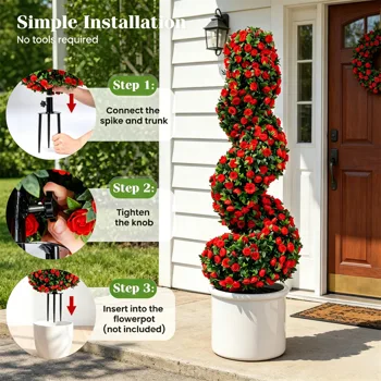 2 Pack Realistic Lifelike Faux Spiral Plant, All-Weather PE Artificial Flower Shrub for Indoor Outdoor Home Garden Decoration - Red view 4