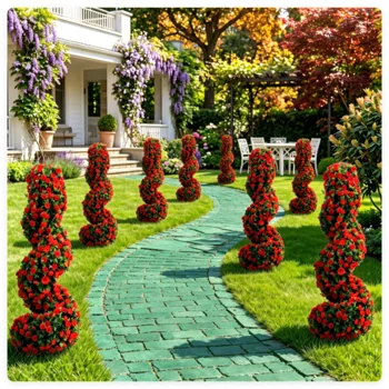 2 Pack Realistic Lifelike Faux Spiral Plant, All-Weather PE Artificial Flower Shrub for Indoor Outdoor Home Garden Decoration - Red view 5