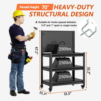 Work Bench with Pegboard,Heavy Duty 3000lbs Capacity Workbench with Wheels Adjustable Shelves,Tool Cart,Work Table for Garage Warehouse47.1"H*31.5"W*15.7"D view 2