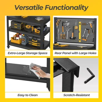 Work Bench with Pegboard,Heavy Duty 3000lbs Capacity Workbench with Wheels Adjustable Shelves,Tool Cart,Work Table for Garage Warehouse47.1"H*31.5"W*15.7"D view 6