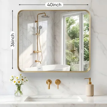 Anti-Fog Bathroom Wall Mirror - 36" x 40" Shatterproof Vanity Mirror with Rectangular Metal Frame, Gold(Shipment from Walmart) view 4