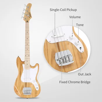 4 String 30in Short Scale Thin Body GB Electric Bass Guitar with Bag Strap Connector Wrench Tool Burlywood view 3