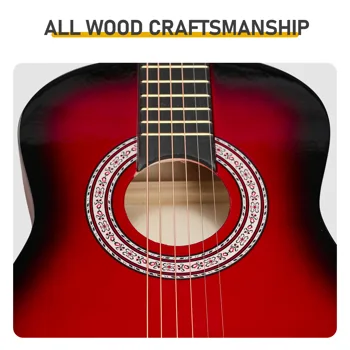 Turn red 30-inch Round Acoustic Guitar with Picks, Strings, Capo, Case, Tuner, and Strap view 6