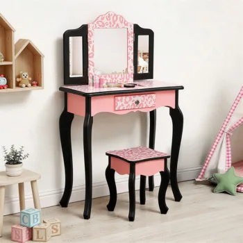 Three-Fold Mirror Single Drawer Arc Feet Children Dresser Red Leopard Print view 7