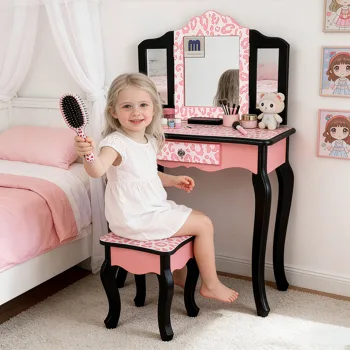 Three-Fold Mirror Single Drawer Arc Feet Children Dresser Red Leopard Print view 8