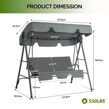 68*43*60 inch Dark Gray KD Style with Cushion Canopy Iron Oxford Fabric 250kg Iron Swing Set view 3