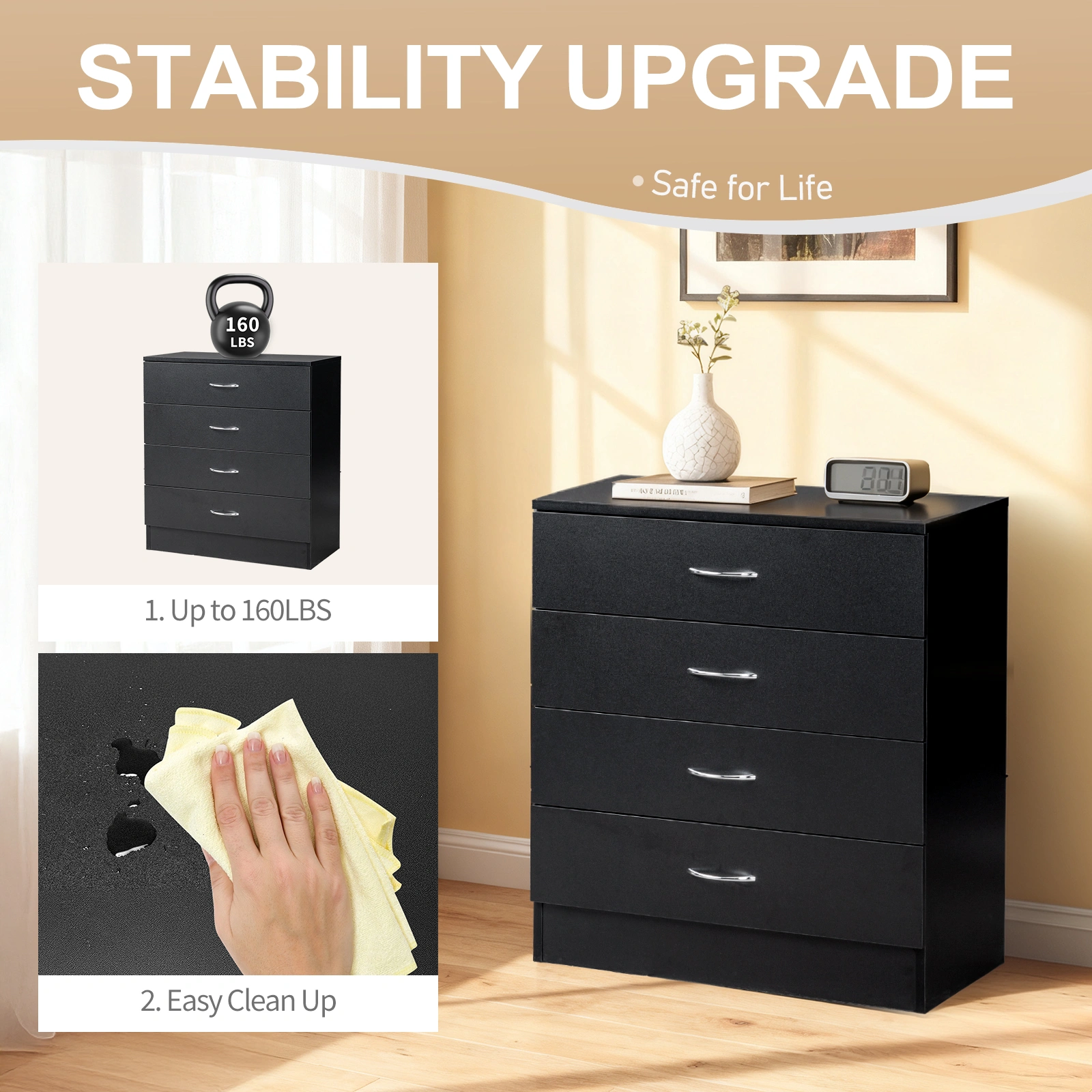 4-Drawer Particleboard Drawer Cabinet with Textured Melamine Finish 25.98*12.99*28.74in Black (=53287540) view 12