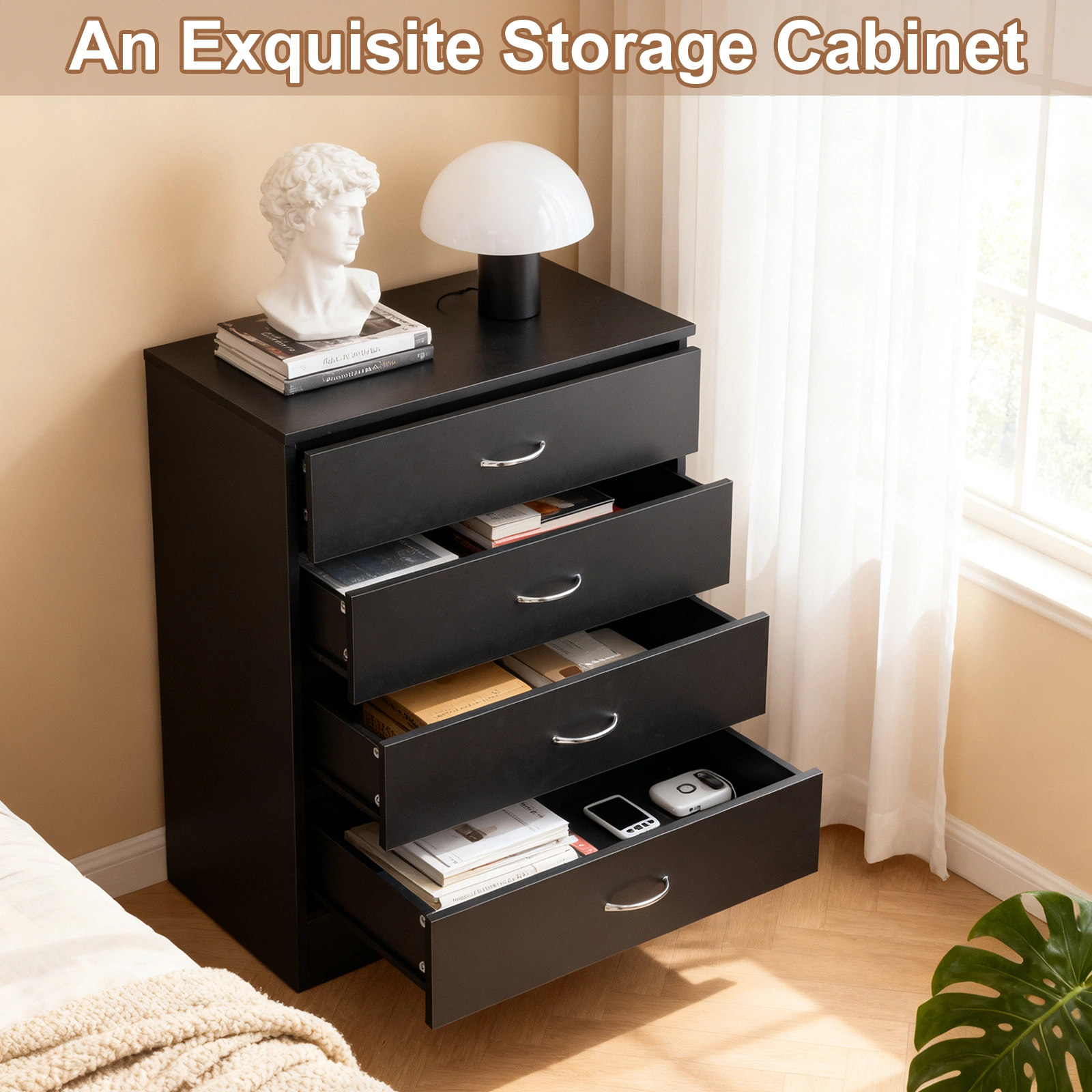 4-Drawer Particleboard Drawer Cabinet with Textured Melamine Finish 25.98*12.99*28.74in Black (=53287540) view 13