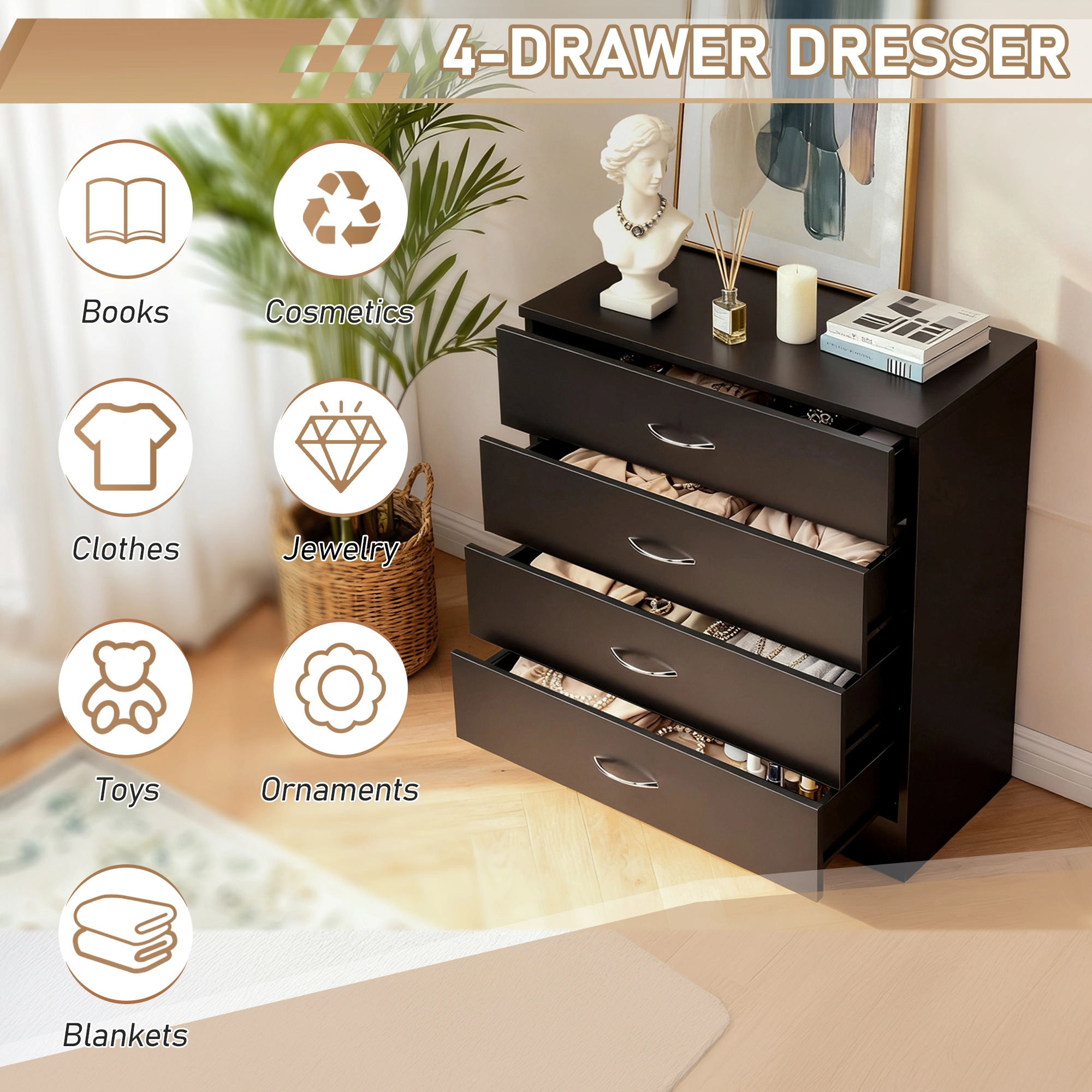 4-Drawer Particleboard Drawer Cabinet with Textured Melamine Finish 25.98*12.99*28.74in Black (=53287540) view 14