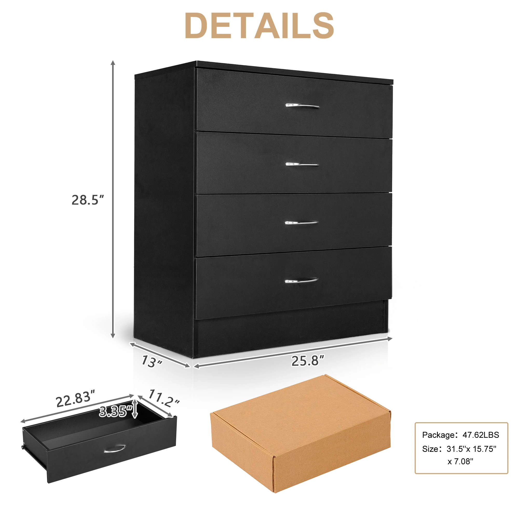 4-Drawer Particleboard Drawer Cabinet with Textured Melamine Finish 25.98*12.99*28.74in Black (=53287540) view 9