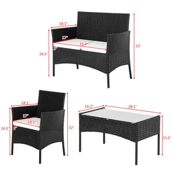 2pcs Arm Chairs 1pc Love Seat & Tempered Glass Coffee Table Rattan Sofa Set Black view 3