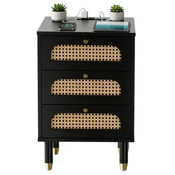 3-Drawer Nightstand with Woven Rattan Fronts and Built-in Power Outlet 15.75"*13.78"*23.82" Black view 2