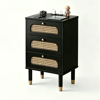 3-Drawer Nightstand with Woven Rattan Fronts and Built-in Power Outlet 15.75"*13.78"*23.82" Black view 4